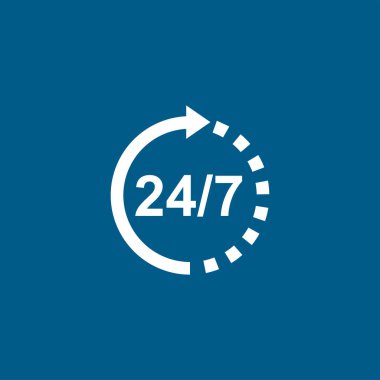 Mavi Arkaplanda 24-7 Simge Desteği. Mavi Düz Biçim Vektör İllüstrasyonu.