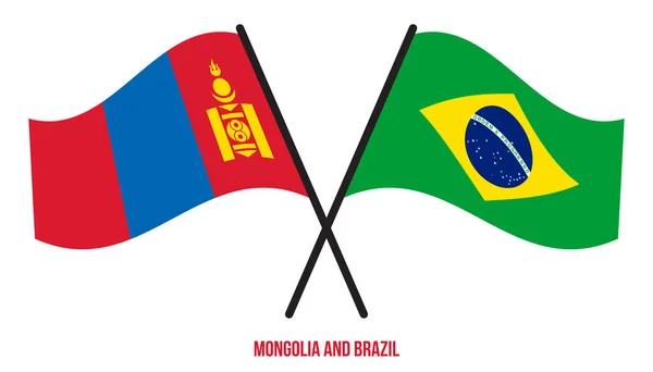 Bandeiras Mongólia Brasil Cruzadas Acenando Estilo Plano Proporção Oficial Cores — Vetor de Stock