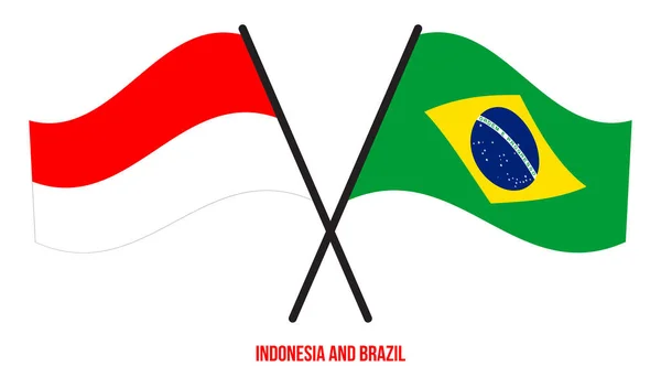 Indonesia Brasil Banderas Cruzadas Ondeando Estilo Plano Proporción Oficial Colores — Vector de stock