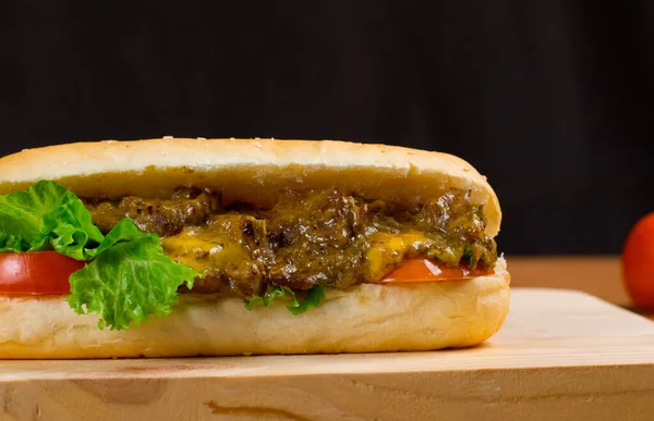 Delicious Beef Burger Steak Supreme Lettuce Tometo Served Wooden Table — 스톡 사진