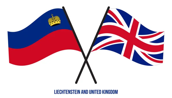 Liechtenstein Reino Unido Banderas Cruzadas Ondeando Estilo Plano Proporción Oficial — Vector de stock