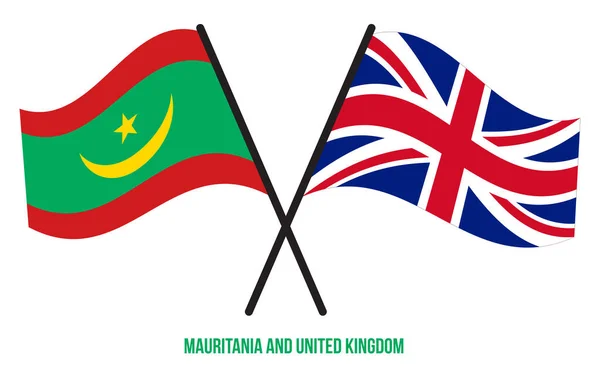 Mauritania Reino Unido Banderas Cruzadas Ondeando Estilo Plano Proporción Oficial — Vector de stock