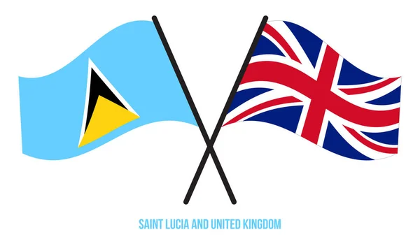 Saint Lucia Och Storbritannien Flaggor Korsade Och Vinka Platt Stil — Stock vektor