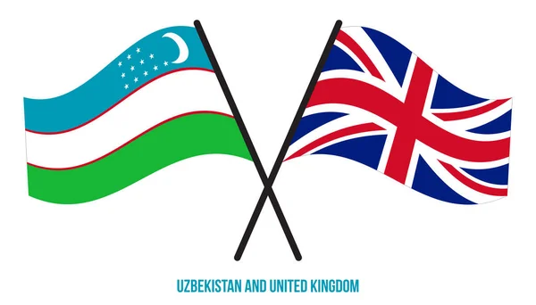 Uzbekistan Och Storbritannien Flaggor Korsade Och Vinka Platt Stil Officiell — Stock vektor
