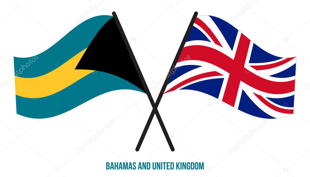 Bahamas and United Kingdom Flags Crossed And Waving Flat Style. Official Proportion. Correct Colors.