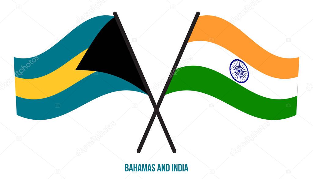 Bahamas and India Flags Crossed And Waving Flat Style. Official Proportion. Correct Colors.