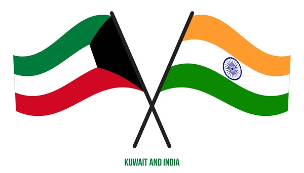 Koeweit India Vlaggen Gekruist Zwaaien Platte Stijl Officiële Proportie Juiste — Stockvector