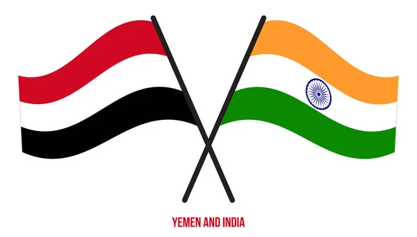 Jemen India Vlaggen Gekruist Zwaaien Platte Stijl Officiële Proportie Juiste — Stockvector