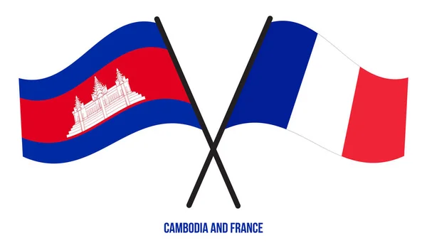 Cambodia France Flags Crossed Waving Flat Style Official Proportion Correct — Stock Vector