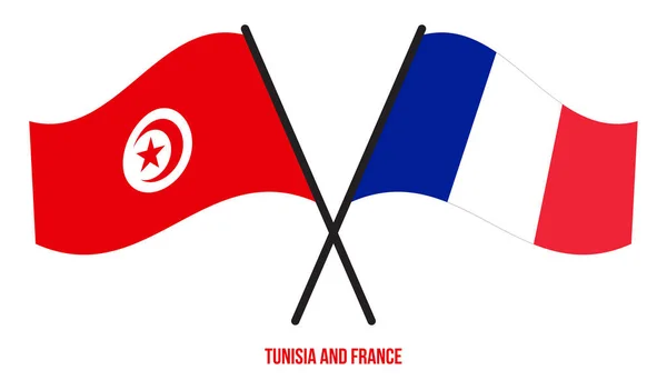 突尼斯和法国国旗交叉摇曳的平面风格 官方比例 正确的颜色 — 图库矢量图片
