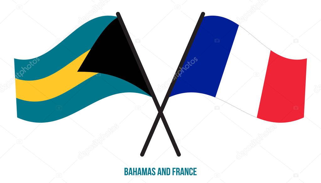 Bahamas and France Flags Crossed And Waving Flat Style. Official Proportion. Correct Colors.
