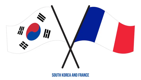 Coreia Sul França Bandeiras Cruzadas Acenando Estilo Plano Proporção Oficial — Vetor de Stock