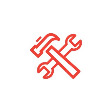 Beyaz Arkaplanda Kırmızı Simge Çekiç ve Kırpma Çizgisi. Kırmızı Düz Biçim Vektör İllüstrasyonu