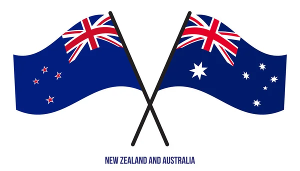 Banderas Nueva Zelanda Australia Cruzadas Ondeando Estilo Plano Proporción Oficial — Vector de stock