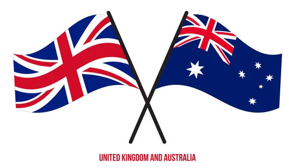 Banderas Reino Unido Australia Cruzadas Ondeando Estilo Plano Proporción Oficial — Vector de stock