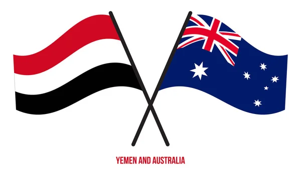 Yemen Australia Flags Crossed Waving Flat Style Official Proportion Correct — Stock Vector