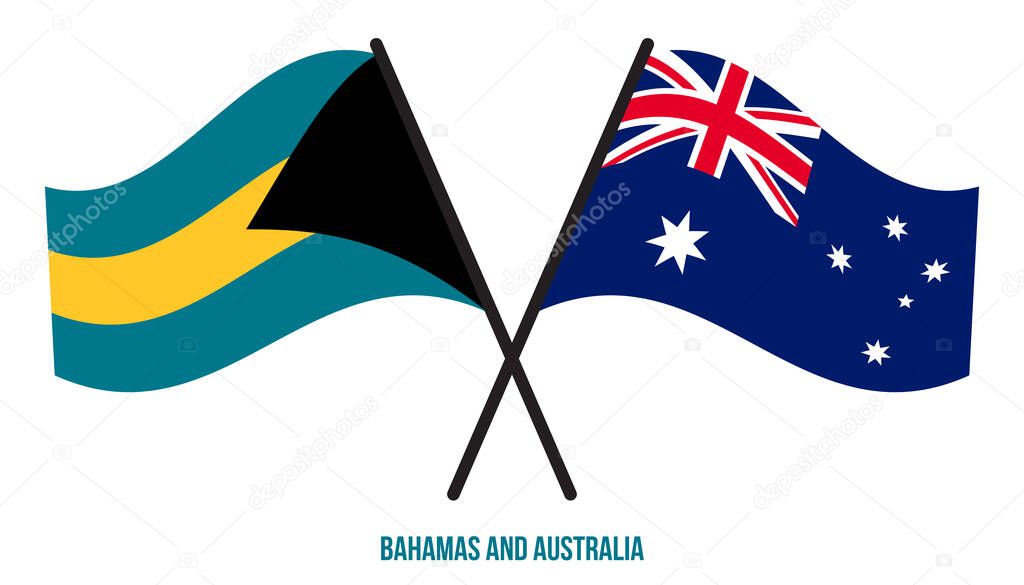 Bahamas and Australia Flags Crossed And Waving Flat Style. Official Proportion. Correct Colors.