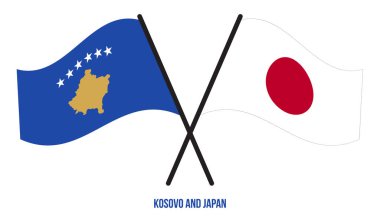 Kosova ve Japonya Bayrakları Çarpıştı ve Düz Dalgalanıyor. Resmi Orantı. Renkleri Düzelt.