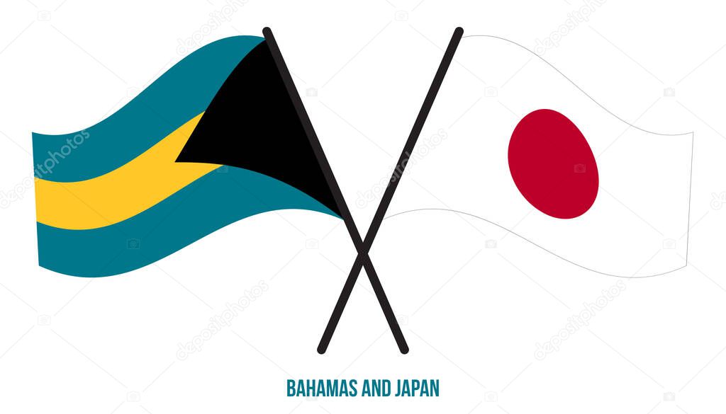 Bahamas and Japan Flags Crossed And Waving Flat Style. Official Proportion. Correct Colors.