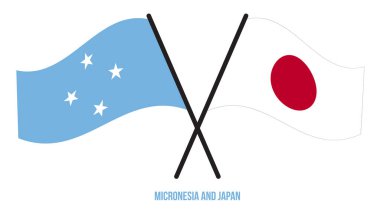 Mikronezya ve Japonya Bayrakları Çapraz ve Dalgalı Düz Stil. Resmi Orantı. Renkleri Düzelt.