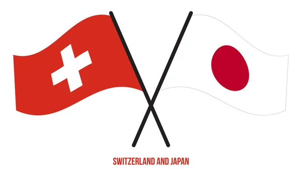 Svizzera Giappone Bandiere Incrociate Sventolanti Stile Piatto Proporzione Ufficiale Colori — Vettoriale Stock
