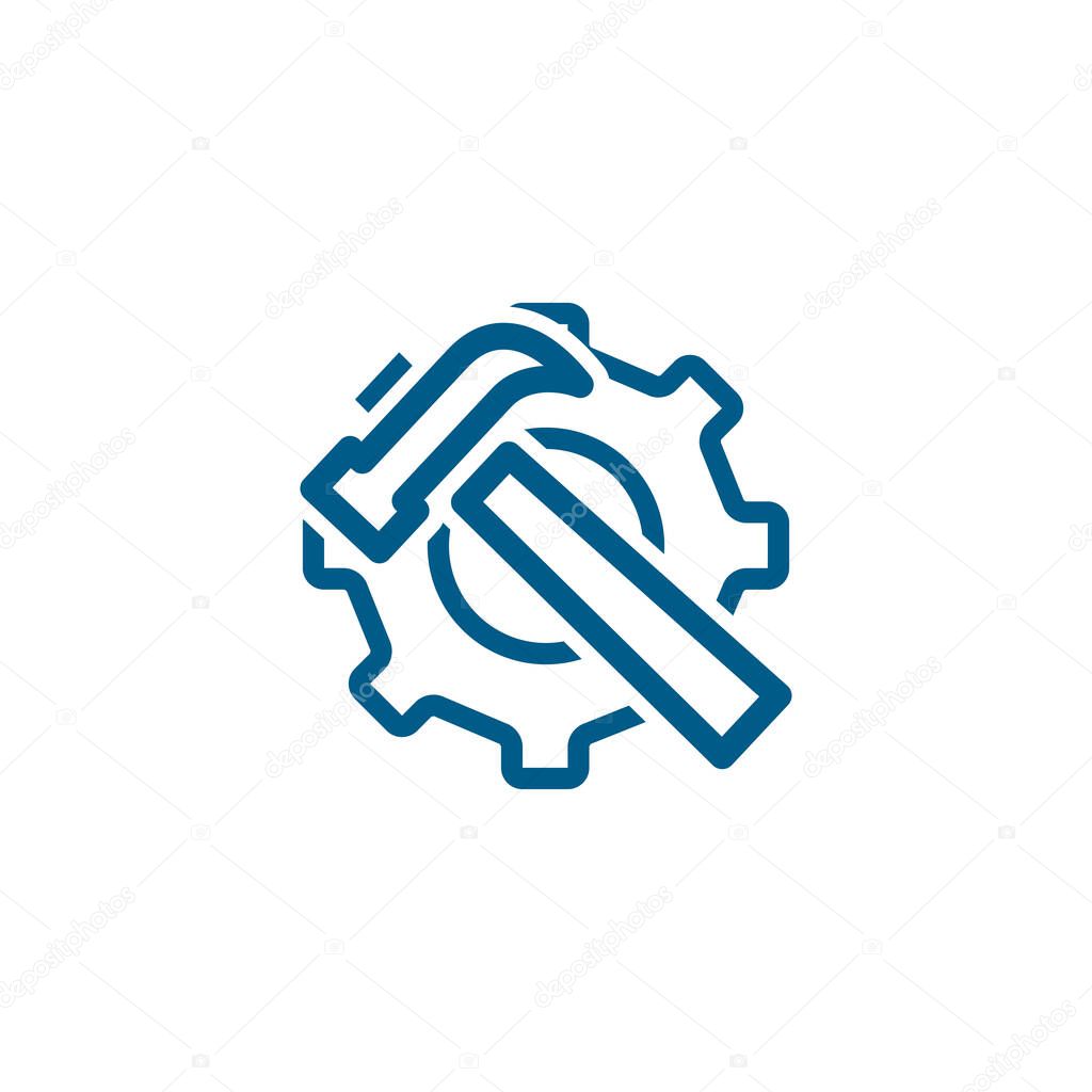 Service Tools Blue Line Icon On White Background. Blue Gear Wheel & Hammer Flat Style Vector Illustration.