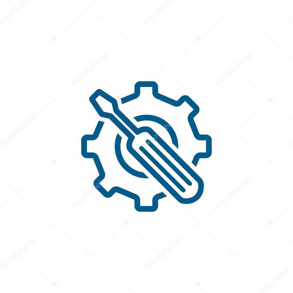 Service Tools Blue Line Icon On White Background. Blue Gear Wheel & Hammer Flat Style Vector Illustration.