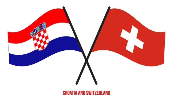 Croácia Suíça Bandeiras Cruzadas Acenando Estilo Plano Proporção Oficial Cores — Vetor de Stock