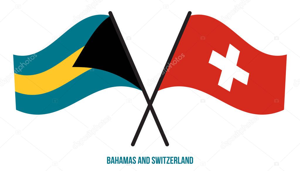 Bahamas and Switzerland Flags Crossed And Waving Flat Style. Official Proportion. Correct Colors.