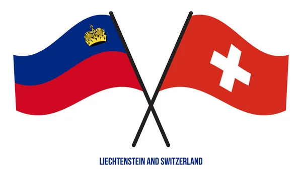 Liechtenstein Zwitserland Vlaggen Gekruist Zwaaien Platte Stijl Officiële Proportie Juiste — Stockvector