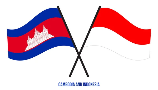 Cambodia Indonesia Flags Crossed Waving Flat Style Official Proportion Correct — Stock Vector