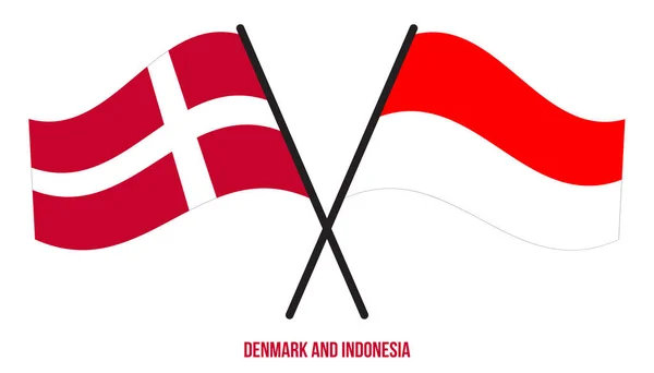 丹麦和印度尼西亚国旗交叉摇曳的平面风格 官方比例 正确的颜色 — 图库矢量图片