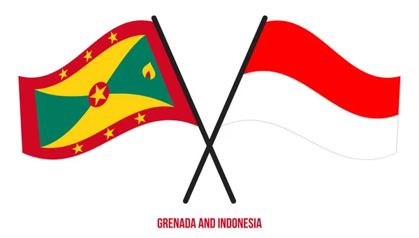 Bendera Grenada Dan Indonesia Disilangkan Dan Melambaikan Gaya Datar Proporsi - Stok Vektor