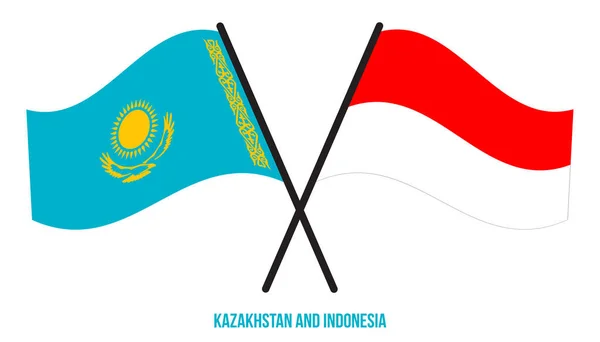 Bendera Kazakhstan Dan Indonesia Crossed Waving Flat Style Proporsi Resmi - Stok Vektor