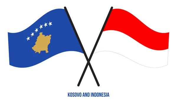 Bendera Kosovo Dan Indonesia Crossed Waving Flat Style Proporsi Resmi - Stok Vektor