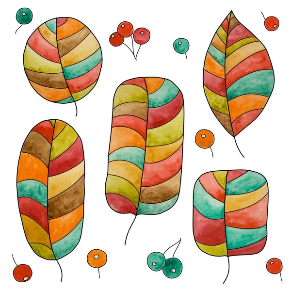 Set Watercolor Decorative Autumn Leaves Berries Paint Texture — Stock Vector