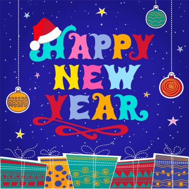 Mutlu yeni yıl - el çekilmiş yazıt. Yazı. Metin tebrik kartı için. Tebrik çerçeve. 