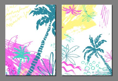 Palmiyeli egzotik tropikal manzaralar. Vektör deniz manzarası. Soyut arka planlar. Yaz afişleri, şablonlar, duvar kağıtları, kartlar, posterler. Doodle tarzı. Turizm, seyahat. El çizimi dokular