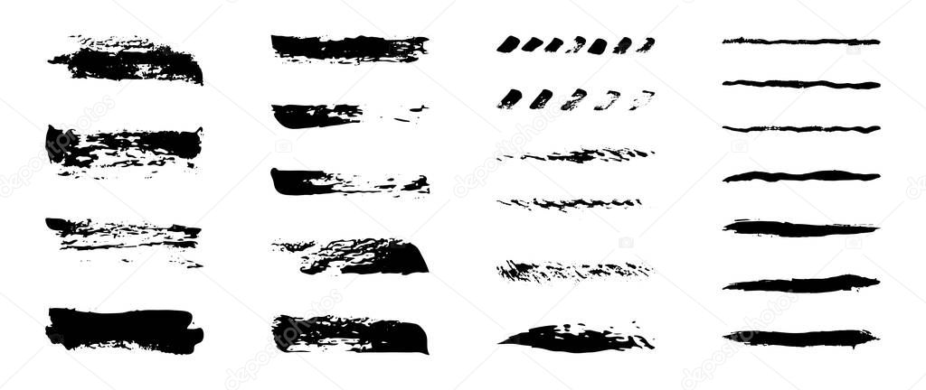 Brush strokes, black ink lines. Vector abstract set with hand drawn paint brushes. Grunge texture on white background. Doodle style. Collection modern abstract elements for background, posters, template, cards, banners, wallpaper for business
