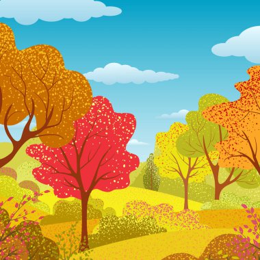 Sonbahar ağaçları, çalılar, çimenler, gökyüzü, bulutlar. Kırsal alan. Parlak bitkiler. Doğal afiş