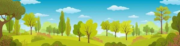 Sommerbäume Büsche Gras Himmel Wolken Hintergrund Sind Grüne Pflanzen Wald — Stockvektor