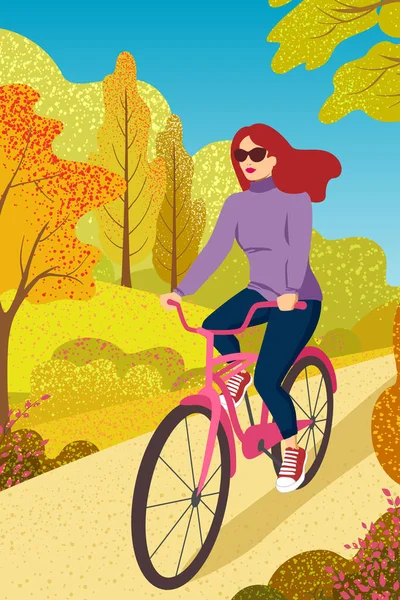 Active Woman Plays Sports Park Girl Rides Bicycle Recreational Activity — Stock Vector