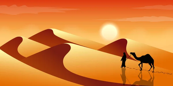 Человек Ведет Верблюда Через Пустыню Экзотический Пейзаж Пески Дюны Дизайн — стоковый вектор