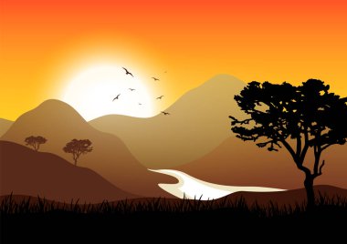 Egzotik manzara. Güney Amerika 'dan Savannah. Afrika 'nın çölleri ve dağları. Turizm ve seyahat için tasarım. Vektör doğal arkaplan, afiş, şablon. 