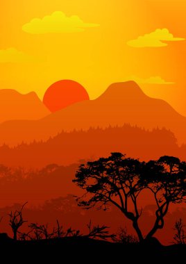 Egzotik manzara. Güney Amerika 'dan Savannah. Çöl ve dağlar. Turizm ve seyahat için tasarım. Vektör doğal arkaplan, afiş, şablon. 