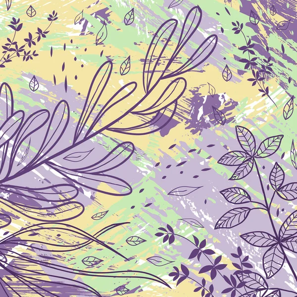 手绘纹理背景与叶子 抽象的自然元素 植物打印 素描横幅模板卡片矢量发牢骚现代纹理笔划 — 图库矢量图片