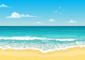 Seascape s vlnami, zataženou oblohou a racky. Cestovní ruch a cestování. Přirozený vektorový plochý design