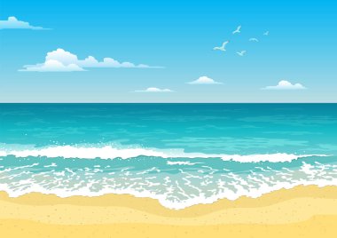Seascape with waves, cloudy sky and seagulls. Tourism and travelling. Natural vector flat design clipart