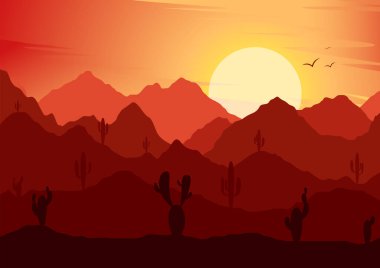 Egzotik manzara. Afrika çölü. Kumlar ve dağlar. Turizm ve seyahat. Vektör düz tasarımı
