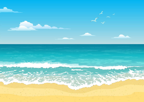 Seascape with waves, cloudy sky and seagulls. Tourism and travelling. Natural vector flat design